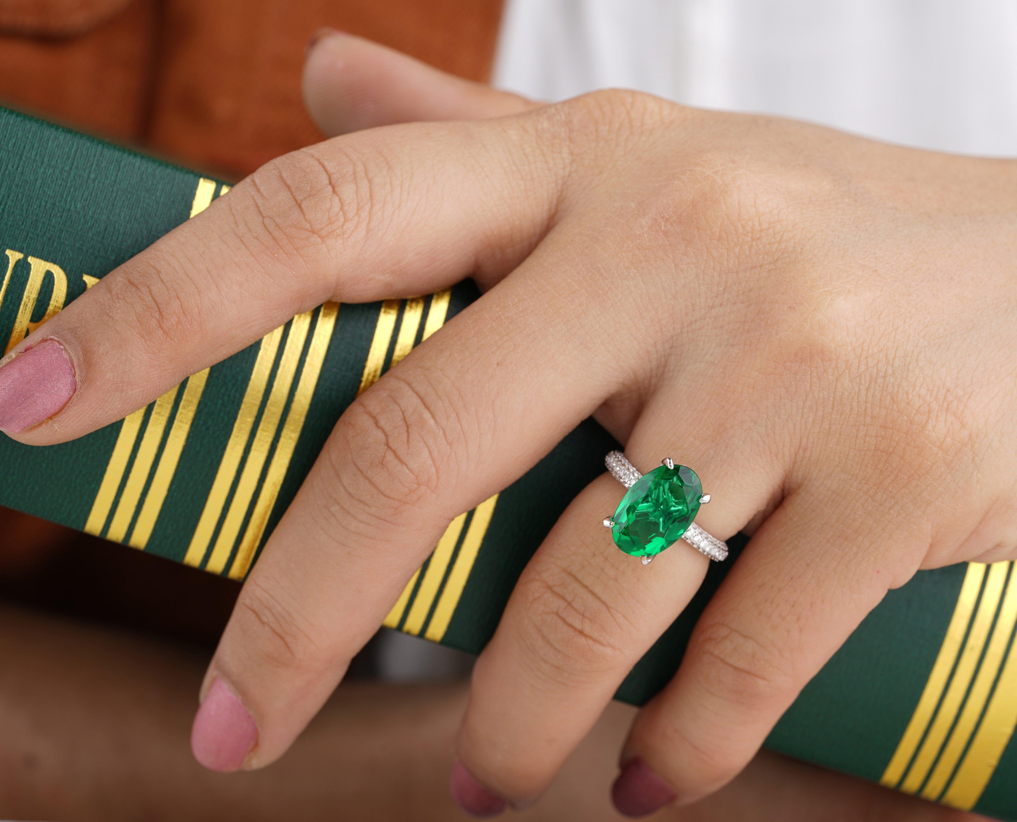 Mens Emerald Ring | 4 1/2ct Oval Created Emerald and Diamond Men's Ring  Crafted In Solid 14K Yellow Gold